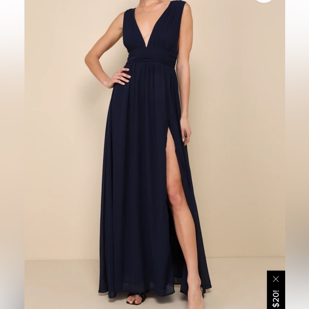 Lulus Navy Chiffon Maxi Evening Gown Empire Waist Formal Bridesmaid Homecoming